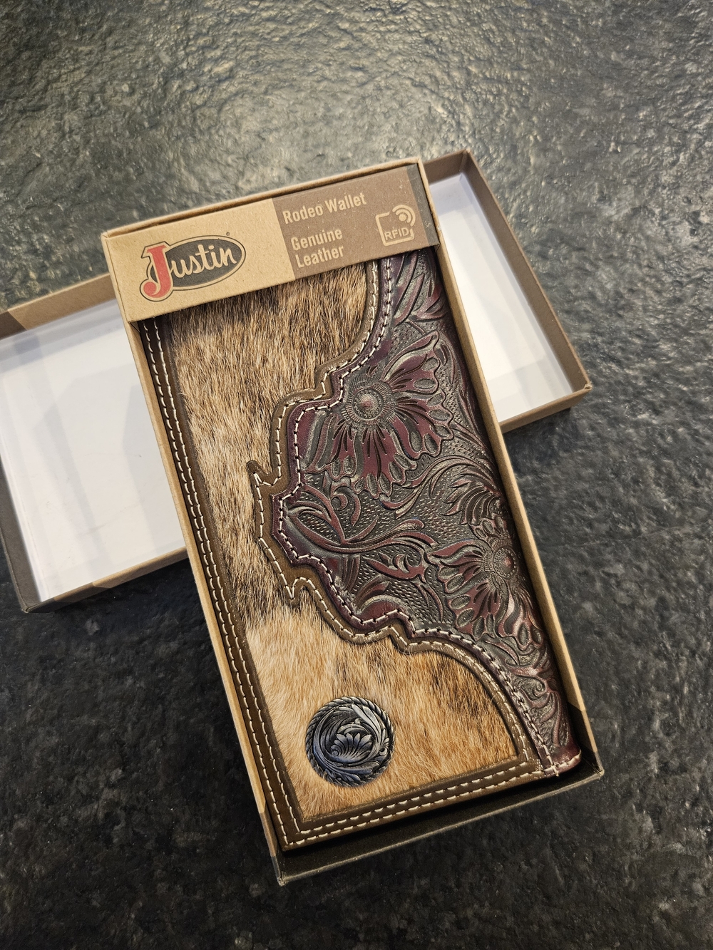 Justin Boots Brown Hair-On Leather Rodeo Wallet with Tooled Dark Brown Accent